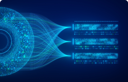 Blue eye-like figure in digital style representing AI processes and digitalization