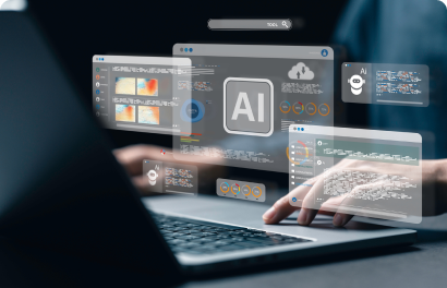 Developer working on a laptop with holograms of AI developing a software solutions