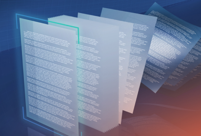 Spectral blue-and-white blocks of virtual papers and documents on a reddish background